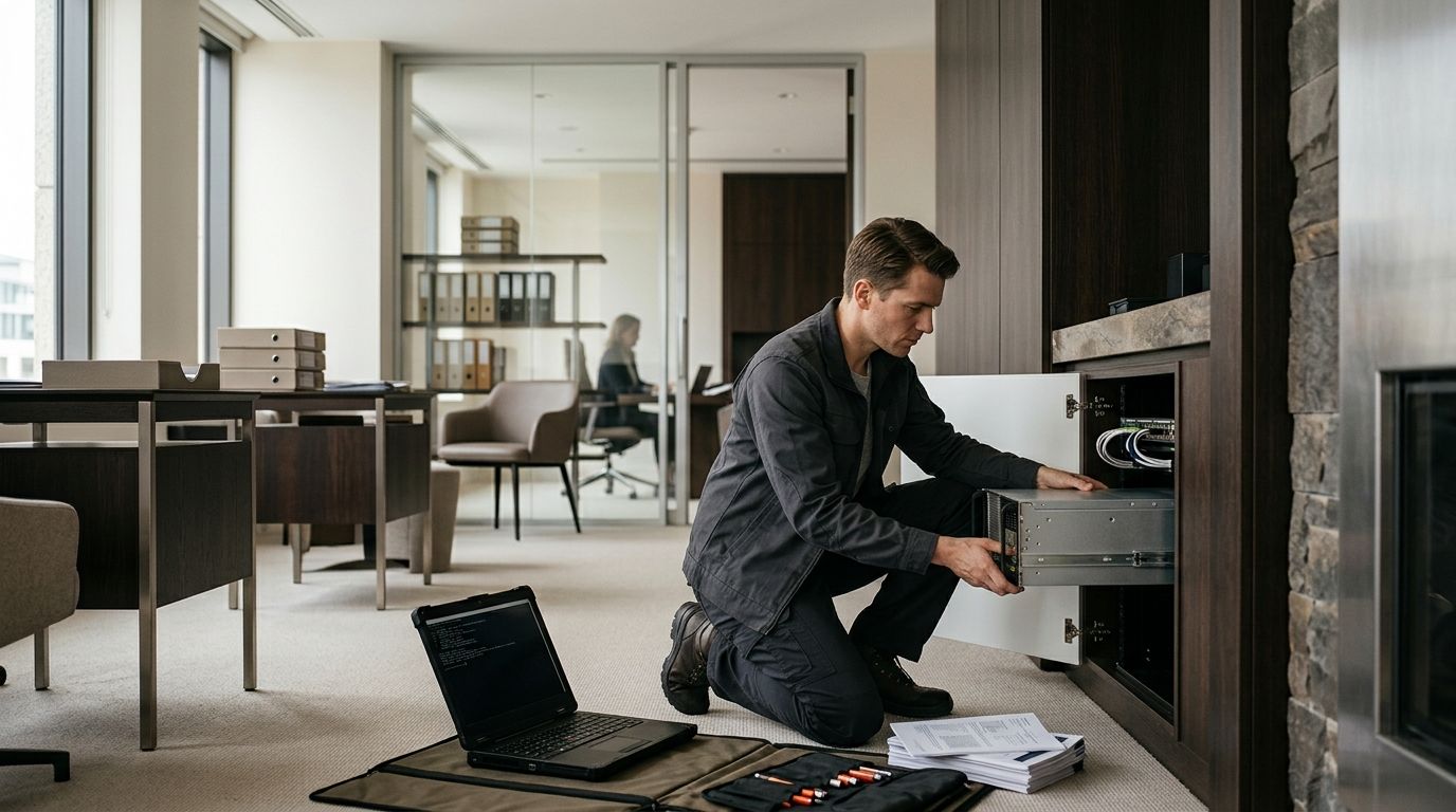 A Candid Forward Deployment Engineer installing a private server into a cabinet inside a professional office