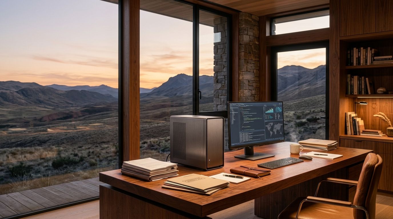 A private Candid workstation on a walnut desk beside case files, in a study overlooking open hills at dusk